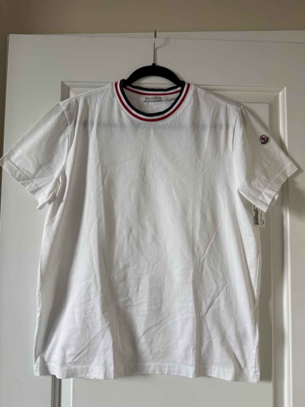 Moncler White Short-Sleeve Tee with Red & Navy Trim